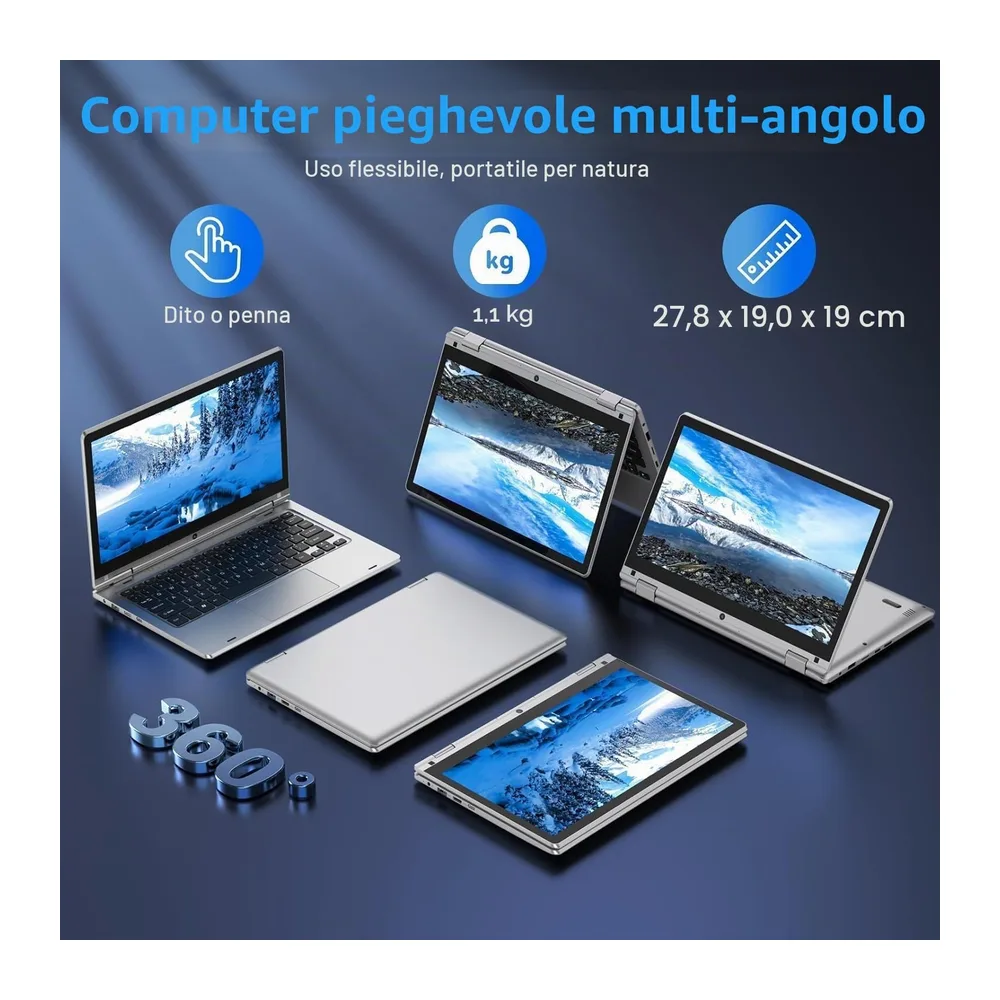 PINSTONE 11,6 Pollici Laptop - Celeron N4020 6 GB di RAM 128 GB di SSD, PC portatile touch pieghevole a 360°, — 2