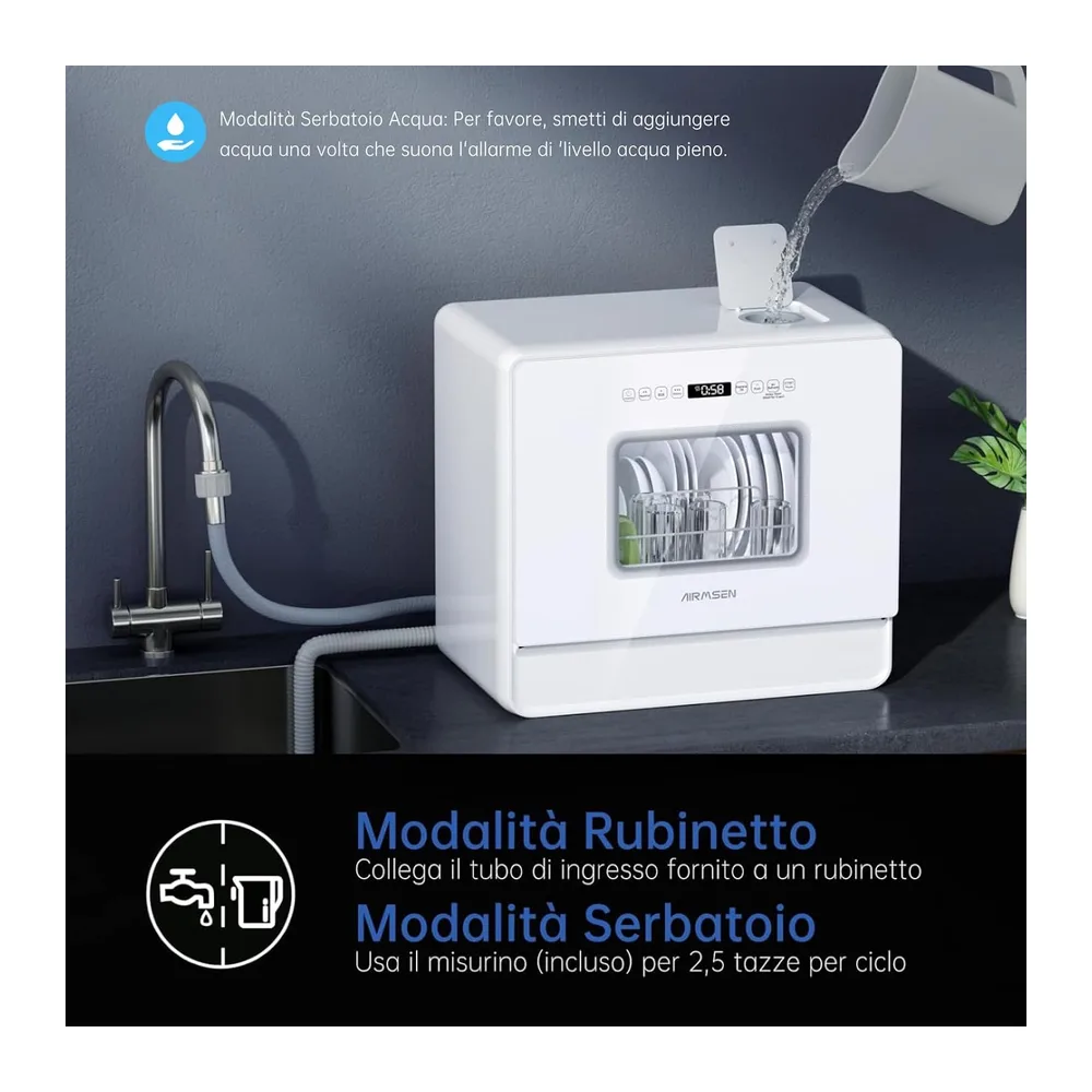 AIRMSEN Lavastoviglie da Tavolo Mini Lavastoviglie con 7+2 Programmi Funzione Sale Addolcitore Serbatoio da — 2