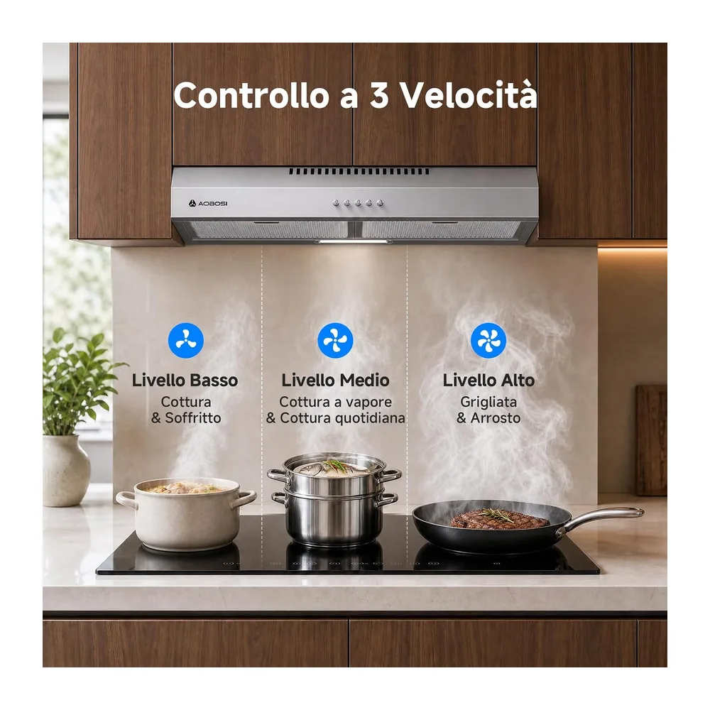 AAOBOSI A++ Cappa Aspirante 60 cm, 3 Livelli di Potenza, 230m³/h Cappa Cucina, Ricircolo e Scarico Aria con — 4