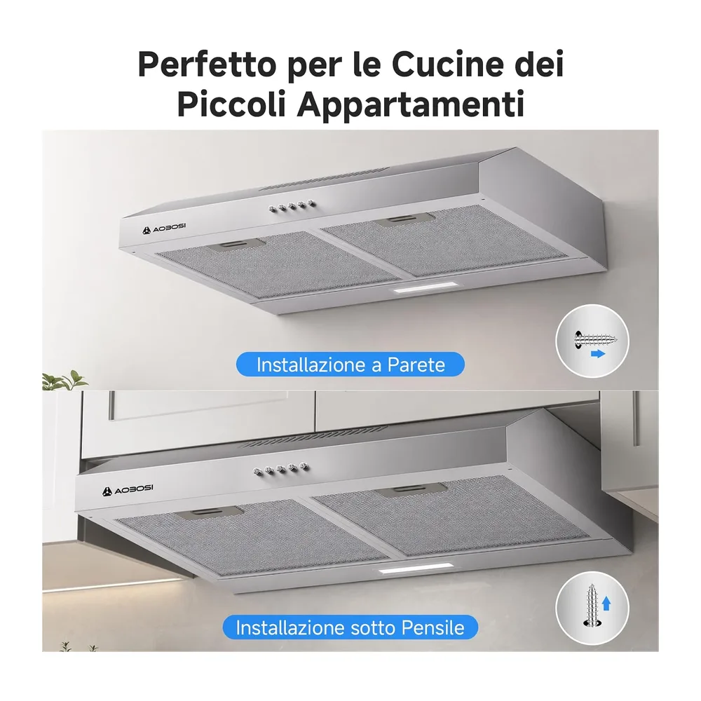 AAOBOSI A++ Cappa Aspirante 60 cm, 3 Livelli di Potenza, 230m³/h Cappa Cucina, Ricircolo e Scarico Aria con — 6