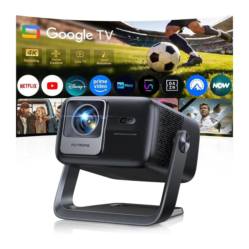 Proiettore 4K【Google TV, 1200 ANSI, 360° Rotazione, 30W HiFi】Videoproiettore HDR10 Auto Focus e 6D Keystone,