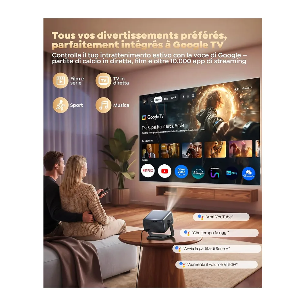 Proiettore 4K【Google TV, 1200 ANSI, 360° Rotazione, 30W HiFi】Videoproiettore HDR10 Auto Focus e 6D Keystone, — 2