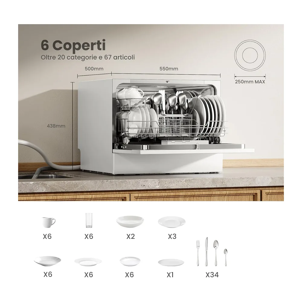 COMFEE Lavastoviglie Piccola, 6 Coperti, 6 Programmi di Lavaggio, Bianca [Classe di efficienza energetica D] — 4