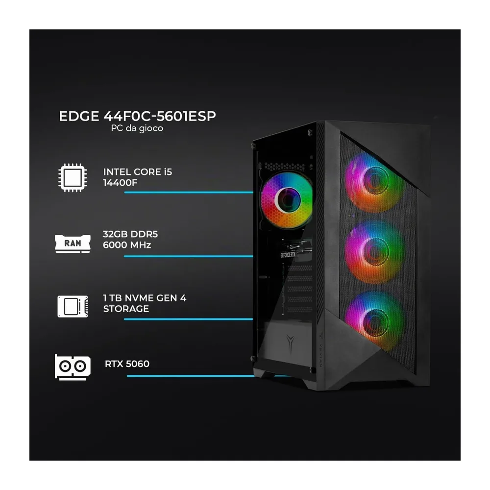 YEYIAN Gaming PC EdgeESP | Intel i5-14400F 10 core (4,7 GHz OC) | NVIDIA RTX 5060 8 GB GDDR7 | 32 GB DDR5 — 2