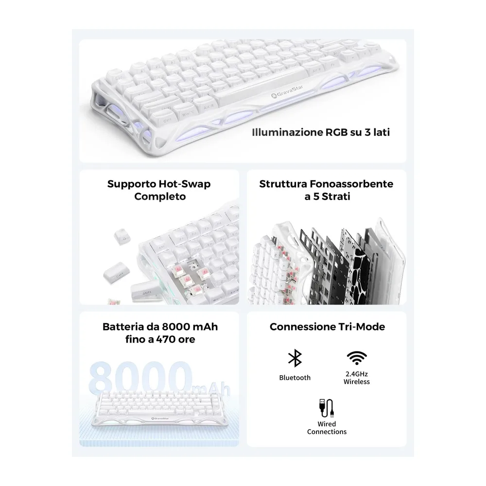 GravaStar Mercury K1 Tastiera Gaming Meccanica Wireless 75%-Bianco — 6