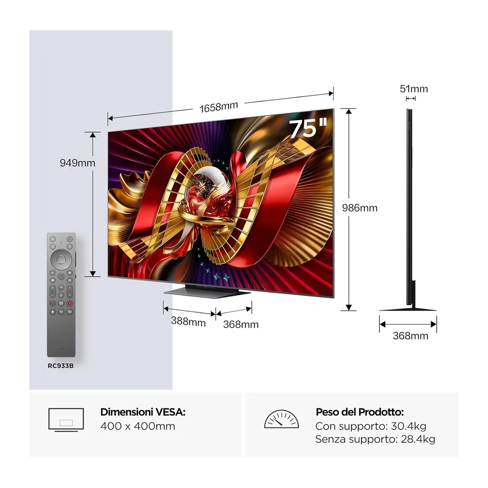 TCL 75C8L – Smart TV SQD‑Mini LED 4K HDR10+ da 75", 5.500nit [Classe di efficienza energetica D] — 2