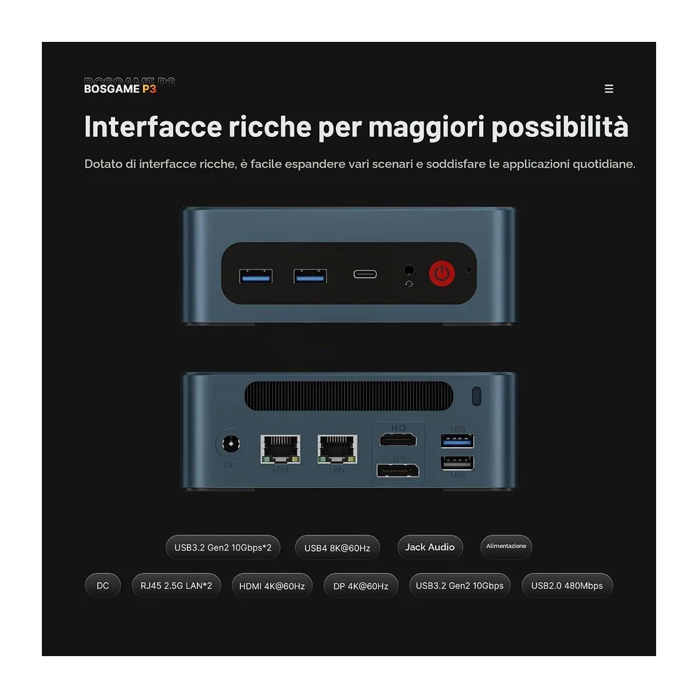 BOSGAME P3 Lite Mini PC ufficio-gaming, Ryzen 7 6800H (fino a 4,7 GHz), 32 GB RAM DDR5, 1 TB SSD PCIe 4.0 — 5