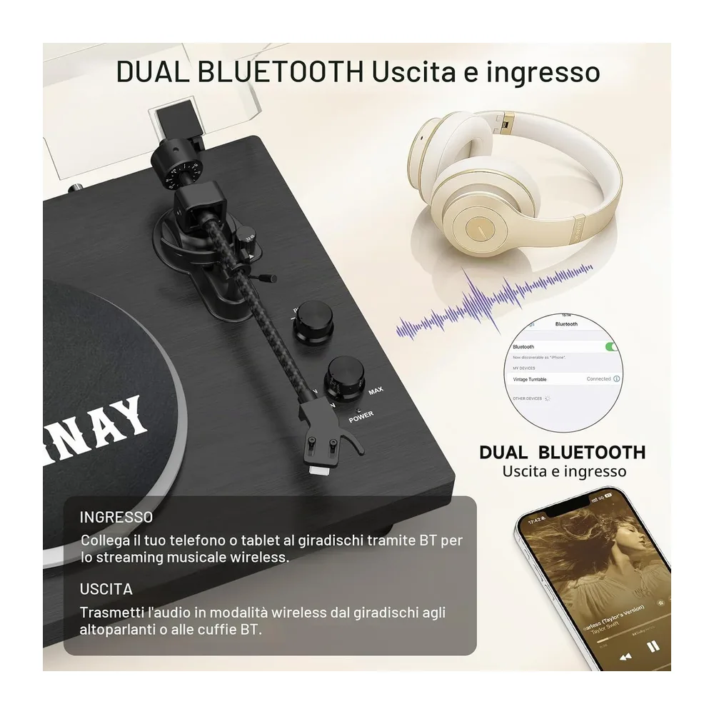 Trynnay Giradischi, Lettore con Contrappeso Regolabile, Bluetooth In/Out, 33/45 RPM, Riproduce Dischi in — 2