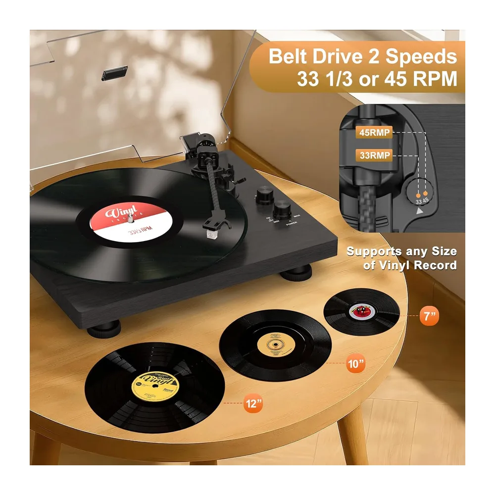 Trynnay Giradischi, Lettore con Contrappeso Regolabile, Bluetooth In/Out, 33/45 RPM, Riproduce Dischi in — 3