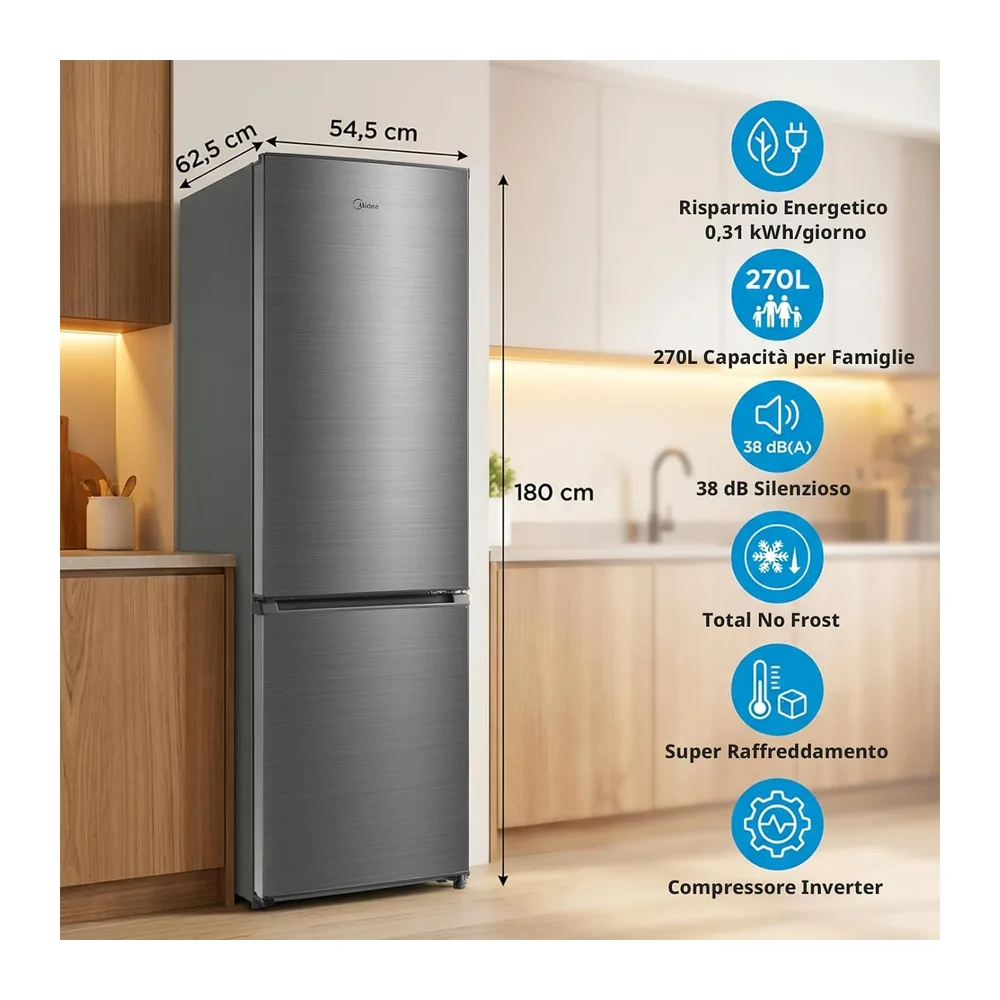 Midea 270L Frigorifero Combinato, Total No Frost, MERB276FGE46EU [Classe di efficienza energetica E] — 2