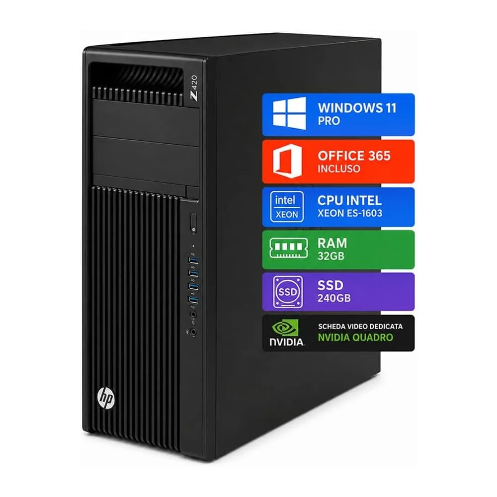 HP Z420 Workstation per CAD e Uffici Tecnici • Intel Xeon E5-1603 • 32GB RAM • SSD 240GB • NVIDIA Quadro