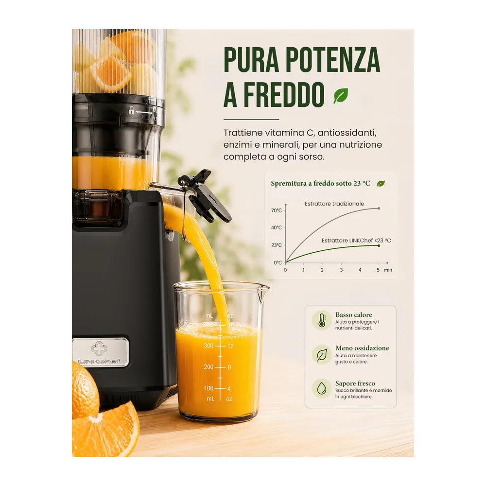 LINKChef Estrattore Frutta e Verdura, Grande Imboccatura 130 mm Estrattore di Succo a Freddo, 1,8 L Capacità, — 4