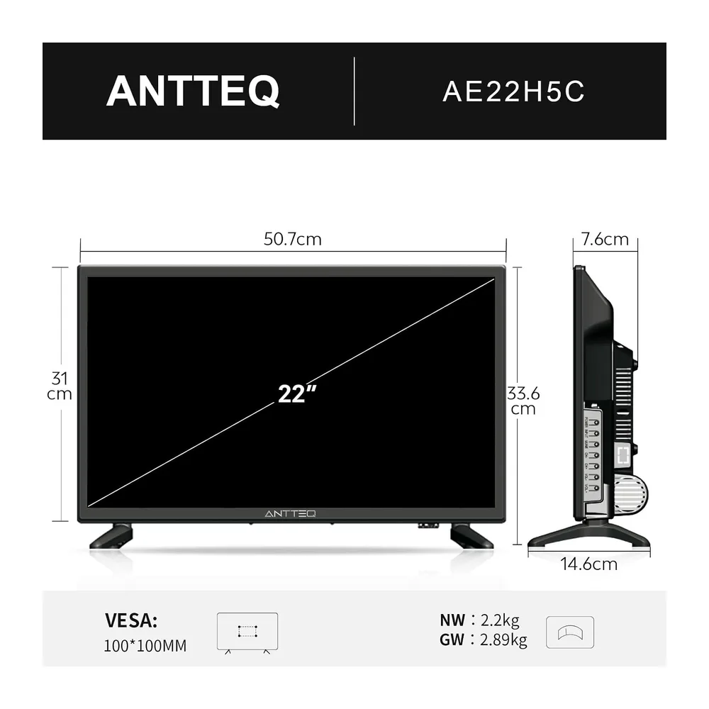 Antteq LED TV 22 Pollici (Televisore 55 cm) 2K D-LED con 12V — 6
