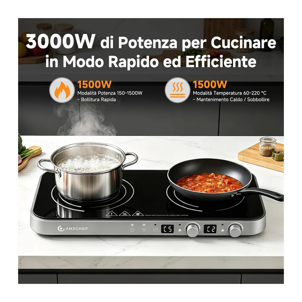AMZCHEF 3000W Piano cottura induzione 2 fuochi — 2