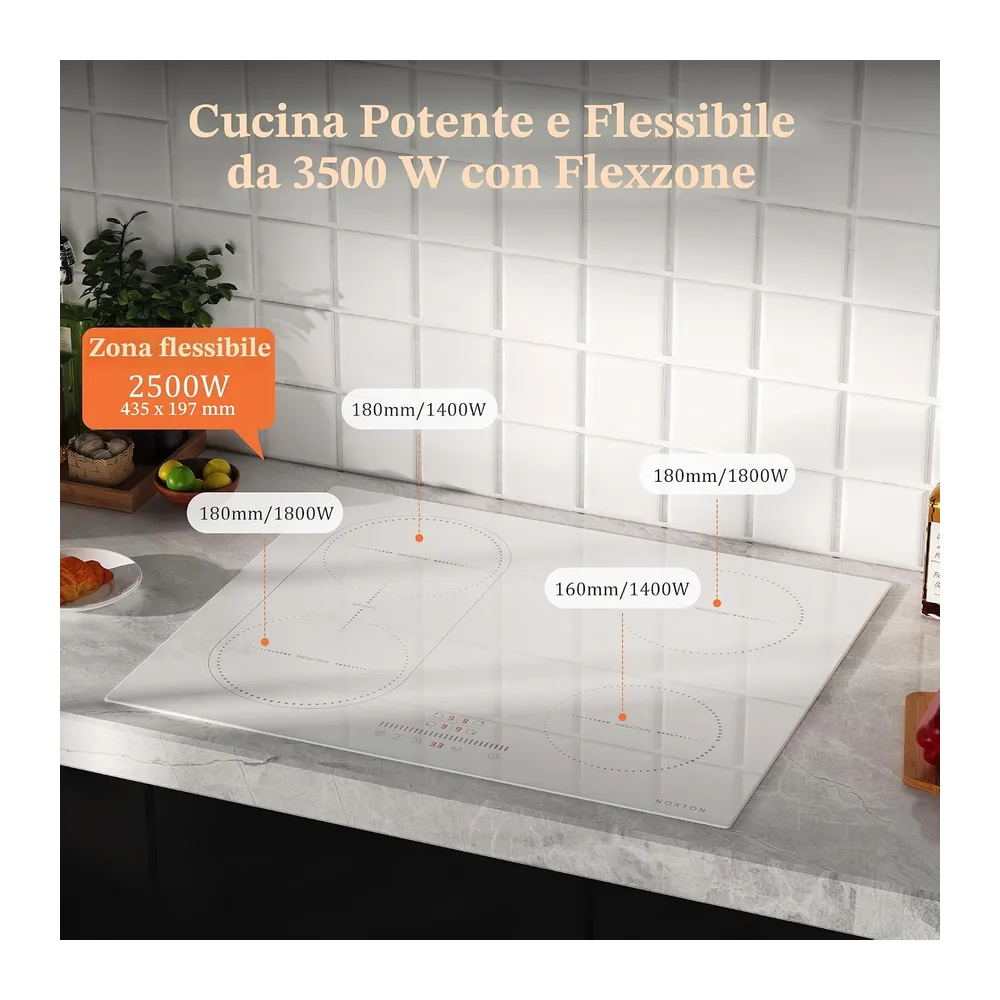NOXTON Piastra a induzione bianca, 4 fuochi, 60 cm, zona flessibile — 6