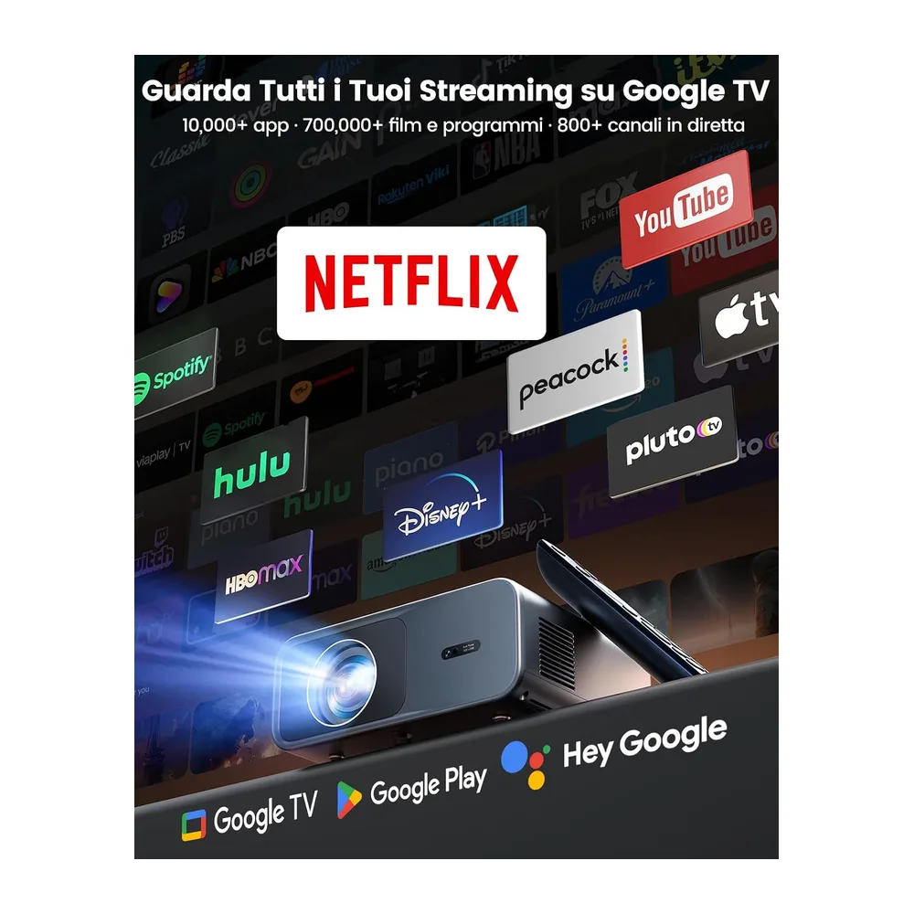 Proiettore 4K Google TV, 1100 ANSI, HDR10, AI Image, Auto Focus/6D Keystone, Wimius Proiettore 4K Smart TV, — 2