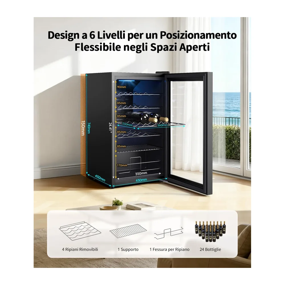 WIE Cantinetta Vino 24 Bottiglie 70L, Cantinetta Refrigerata per Vino a Compressore, 4-18°C con Touch Screen, — 5