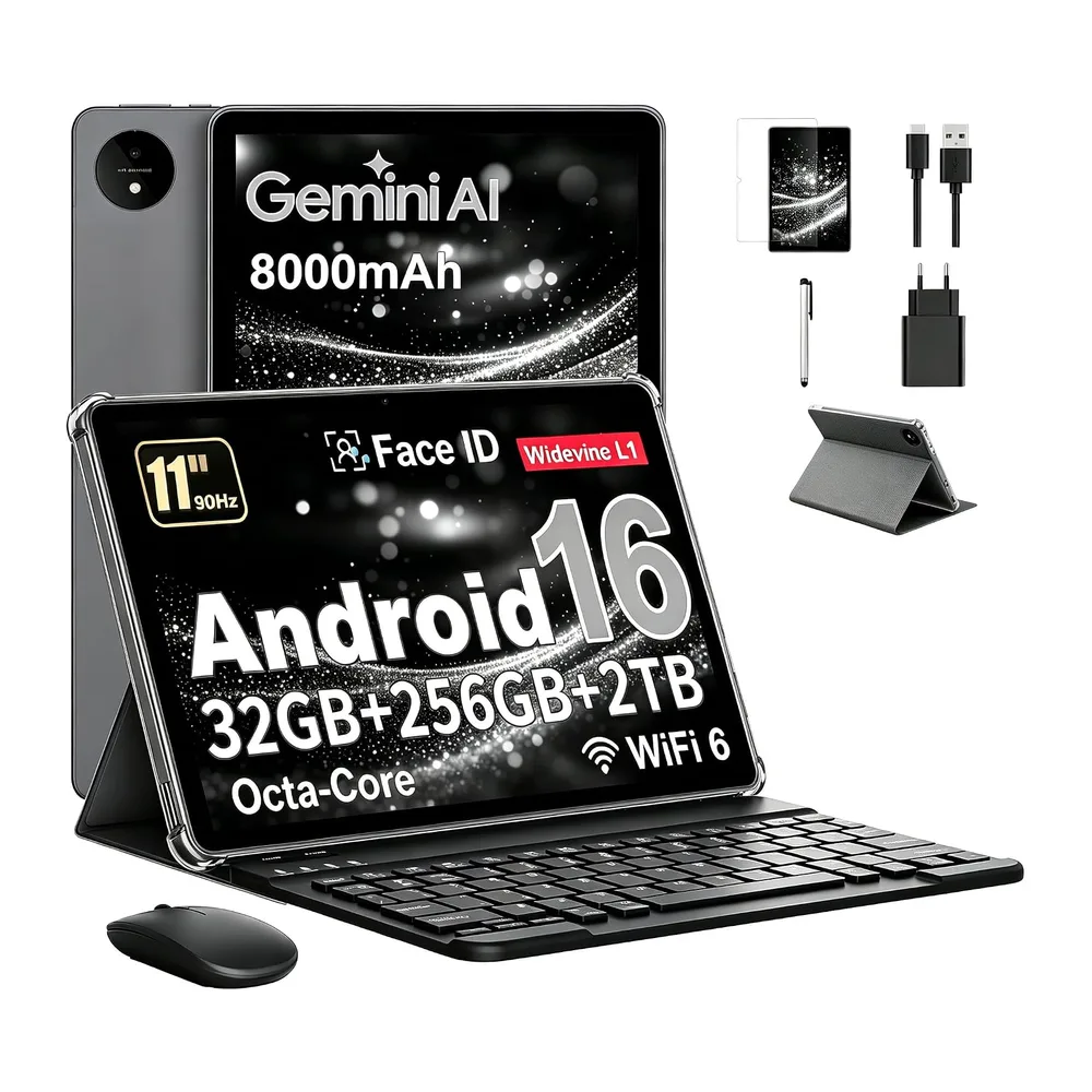 Tablet 11 Pollici con Gemini AI, Tablet Android 16 con Cover, Mouse & Tastiera, Octa-Core, 32 GB RAM + 256 GB