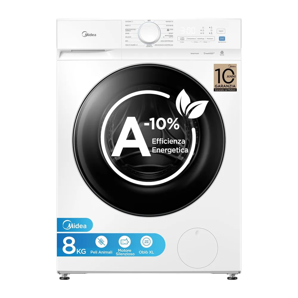 Midea Lavatrice 8 kg Classe A-10% 1400 Giri Silent Inverter Motor [Classe di efficienza energetica A]