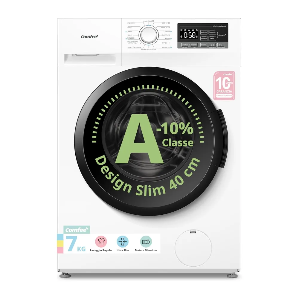 COMFEE' Lavatrice Ultra Slim 7 kg 40 cm Classe A-10% Motore BLDC [Classe di efficienza energetica A]