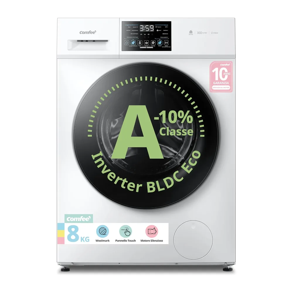 COMFEE' Lavatrice 8 kg Classe A-10% 1400 Giri Motore Inverter Silenzioso [Classe di efficienza energetica A]