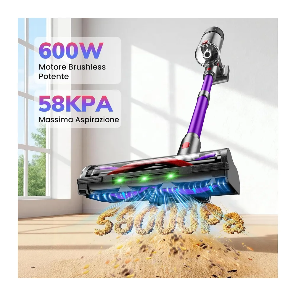 Aspirapolvere Senza Fili, 600W/58000Pa, Scopa Elettrica Senza Fili 75 Min, Aspirapolvere Senza Filo con LED — 2