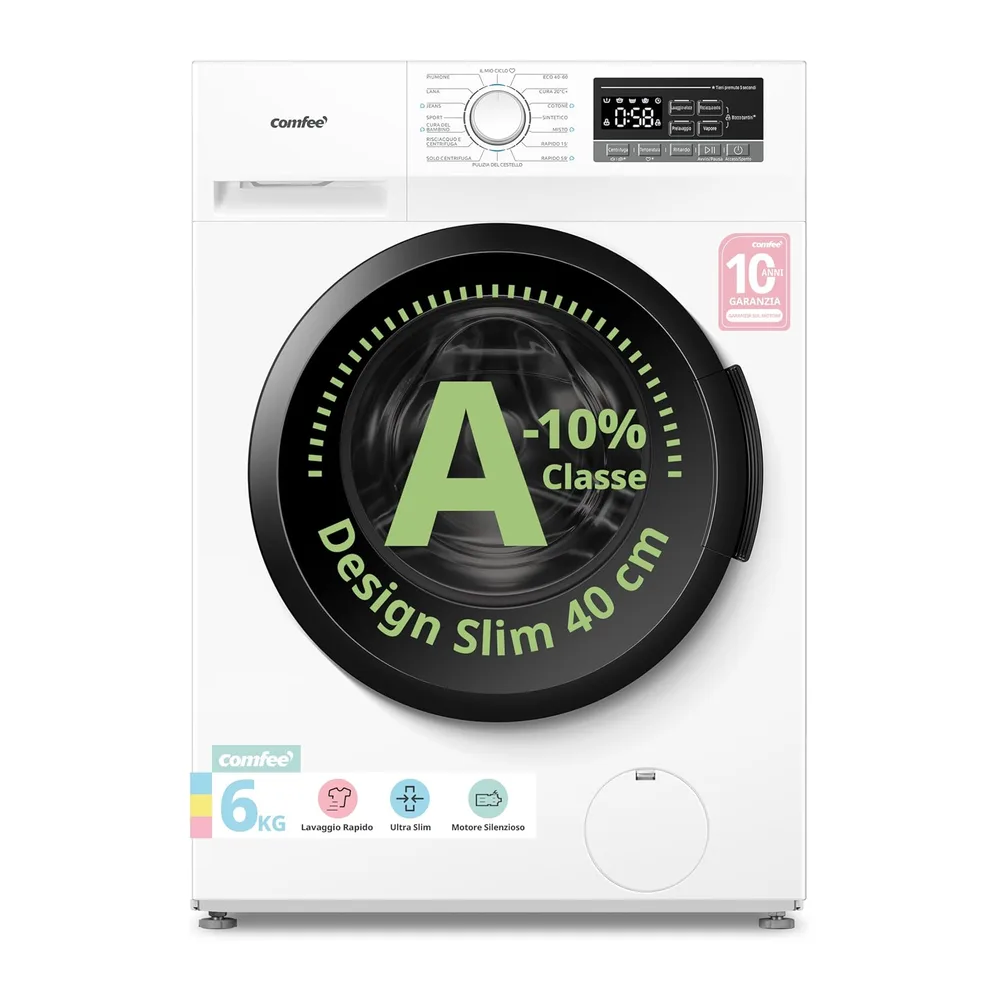 COMFEE' Lavatrice Ultra Slim 6 kg 40 cm Classe A-10% Motore BLDC [Classe di efficienza energetica A]