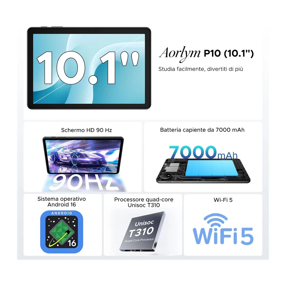 P10 Android 16 Tablet 10 Pollici, 48GB RAM+128GB ROM/2TB TF, Gemini AI, 90Hz, 7000mAh, WiFi 5, Face ID, OTG, — 2