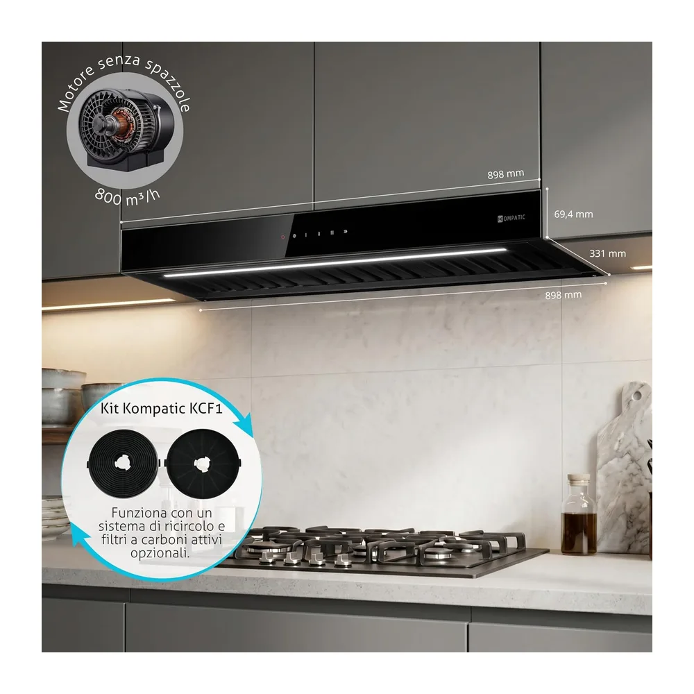 Riva 90 KRV90BI Cappa da Incasso 90 cm, 800 m³/h, Brushless, Classe A+++, Filtri Baffle, Touch, Boost/Super — 2