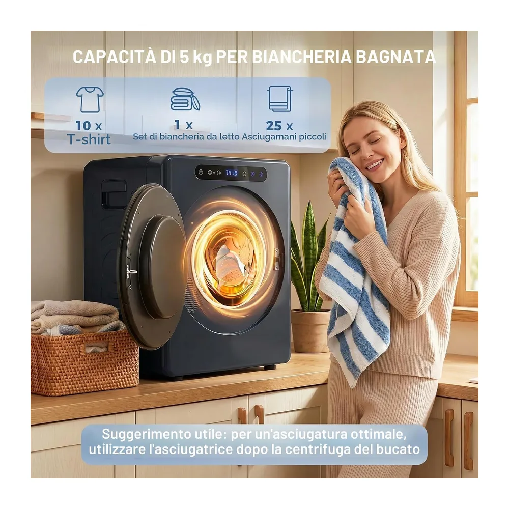 HOMCOM Mini asciugatrice con scarico 5kg con sterilizzazione Blu [Classe di efficienza energetica G] — 4