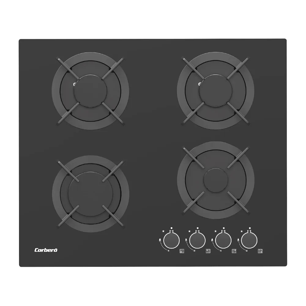 Corberó - Piastra a gas in vetro 60 cm | CPG406N | 7,2 kW | 4 zone | comandi laterali | griglia in ghisa |