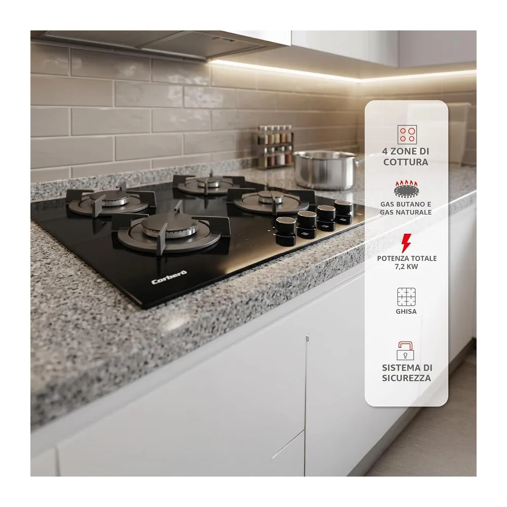 Corberó - Piastra a gas in vetro 60 cm | CPG406N | 7,2 kW | 4 zone | comandi laterali | griglia in ghisa | — 4