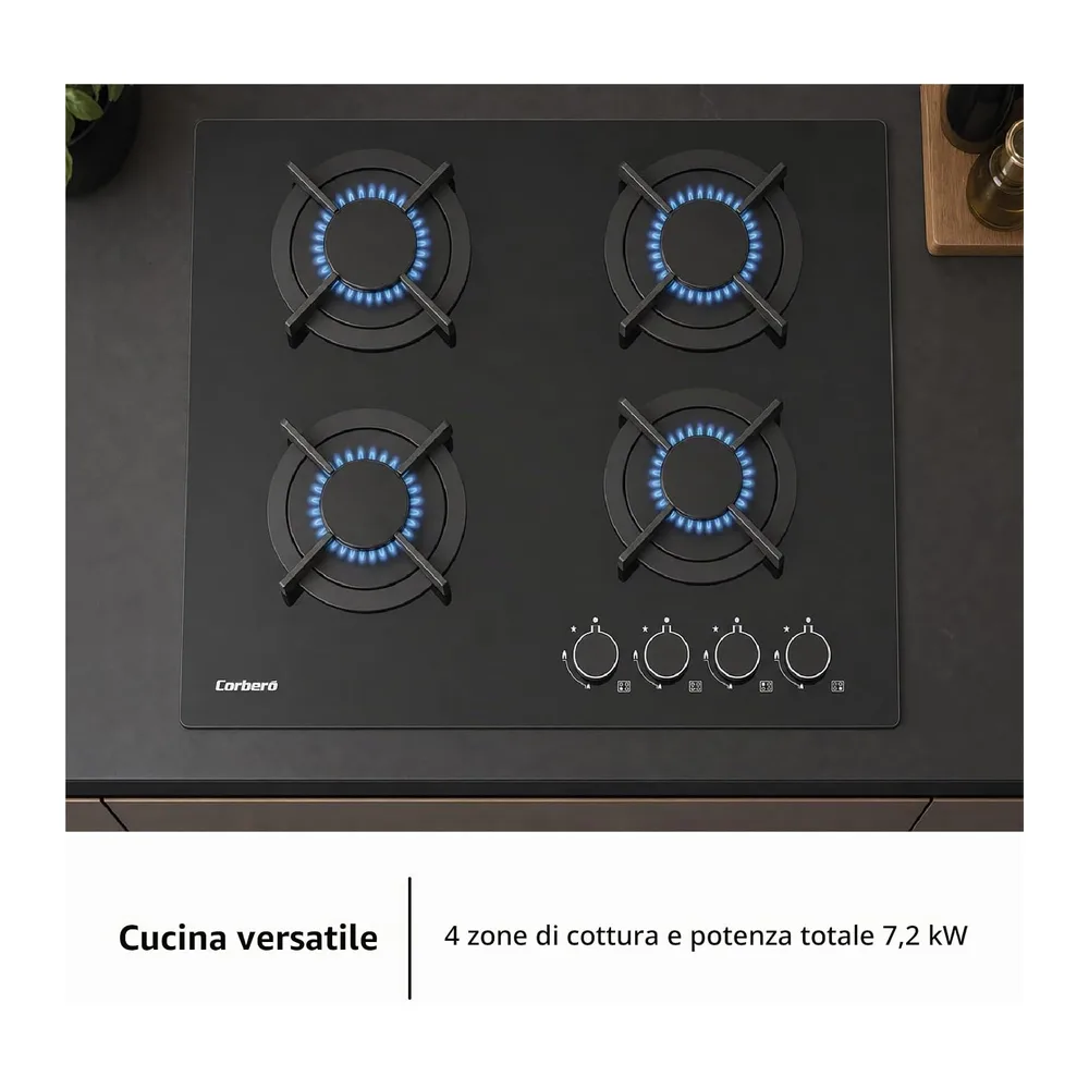Corberó - Piastra a gas in vetro 60 cm | CPG406N | 7,2 kW | 4 zone | comandi laterali | griglia in ghisa | — 6
