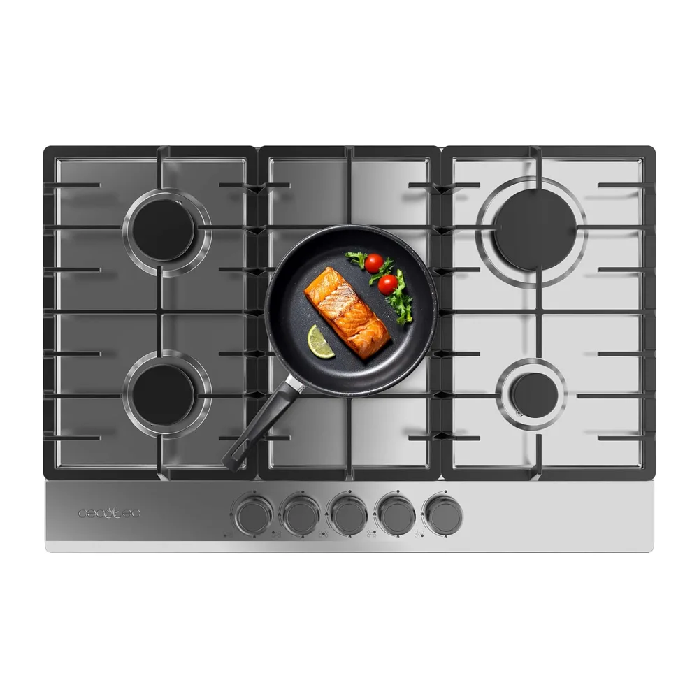 Cecotec Bolero Squad GN 5200F - Piastra a gas a 5 fuochi in acciaio inox, 11 kW, pronta per gas naturale,