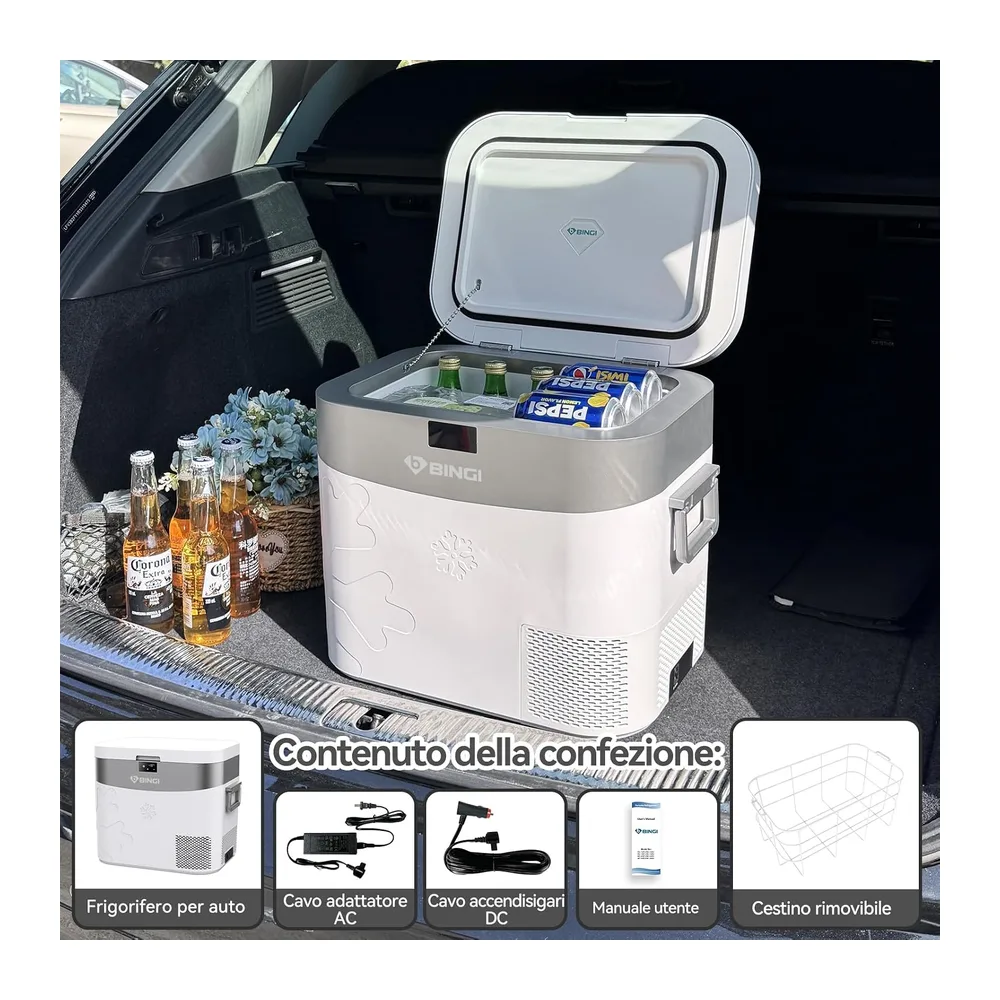 BINGI - Frigorifero con compressore, 22 l, mini frigorifero elettrico portatile, 12/24 V DC, congelatore — 6