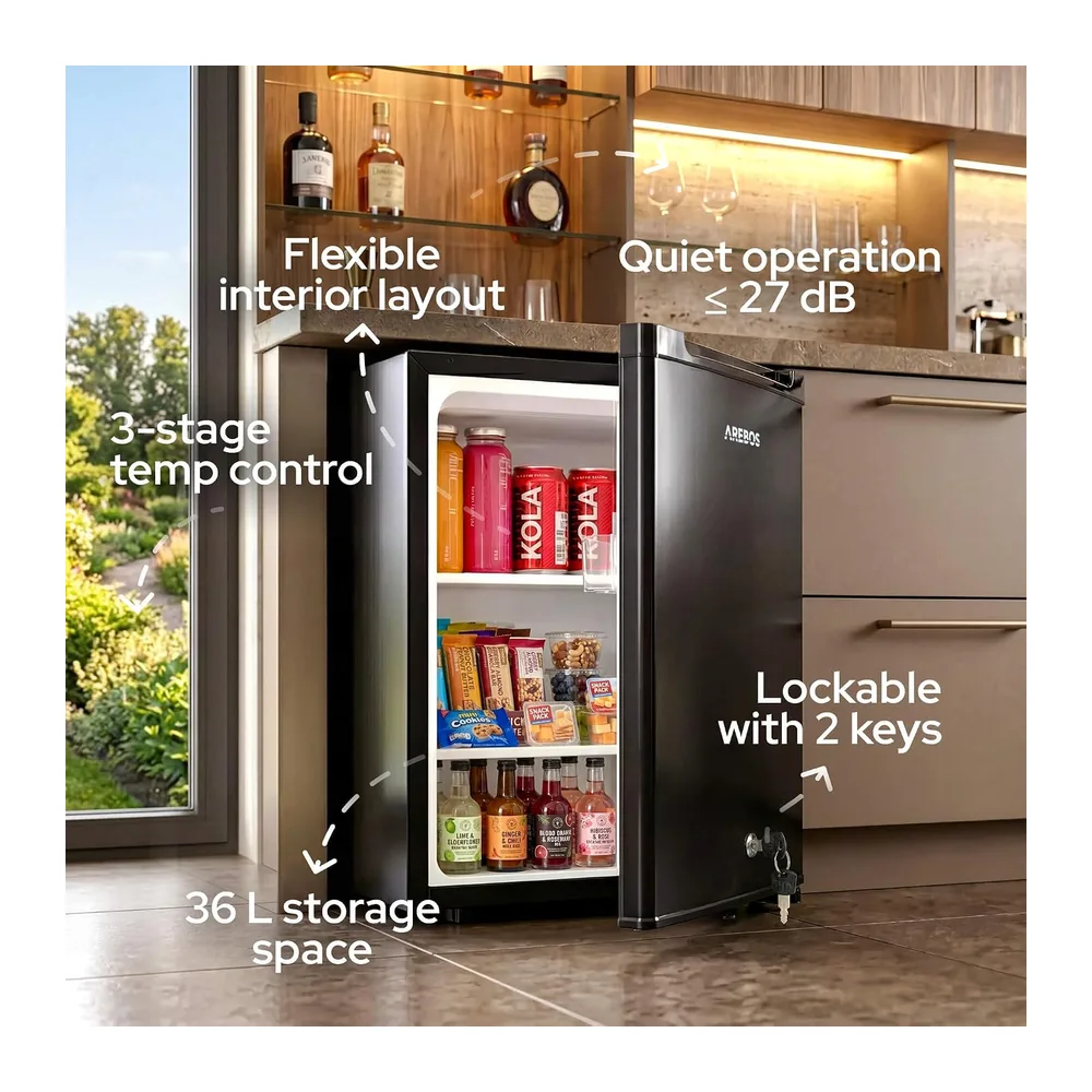 AREBOS Mini Frigorifero 40L | Mini Bar Silenzioso ≤27 dB | Frigorifero Compatto con Serratura, LED & — 2
