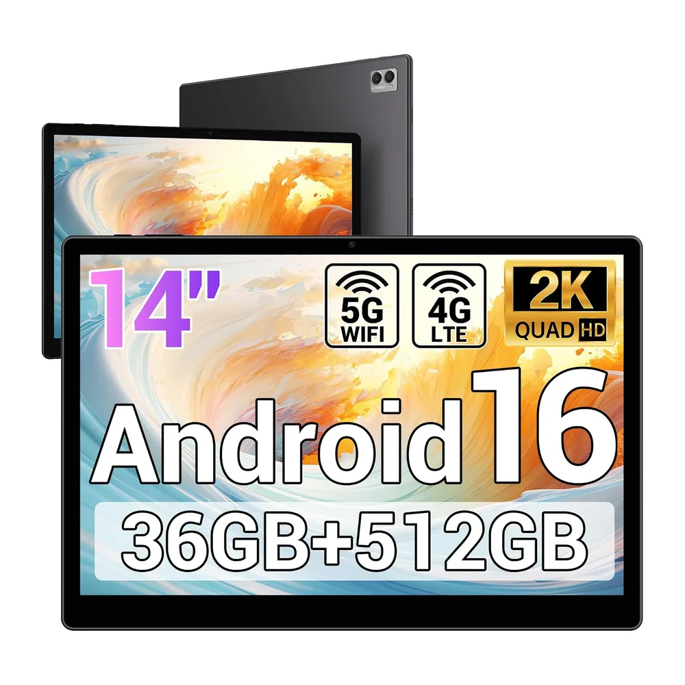 Tablet 14 Pollici Android 16 tablet con sim/5G WiFi,Octa-Core 2.0Ghz,36GB RAM+512GB ROM/11580mAh/Face