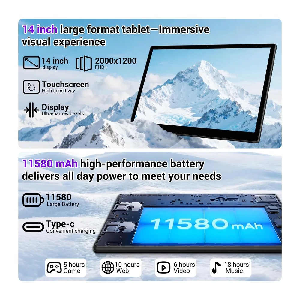 Tablet 14 Pollici Android 16 tablet con sim/5G WiFi,Octa-Core 2.0Ghz,36GB RAM+512GB ROM/11580mAh/Face — 3
