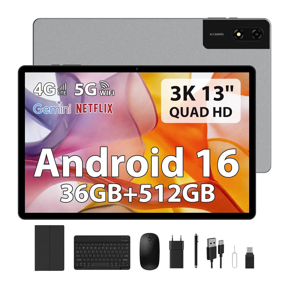 FLYCOAY Android 16 Tablet 13 Pollici Octa-Core 2.2GHz/36GB RAM+512GB ROM(TF 2TB) con Dual SIM 4G LTE+5G WiFi