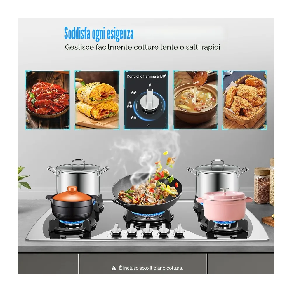 Piano cottura a gas, 5 fuochi, cucina a gas naturale, piano cottura a gas con accensione elettrica, vetro — 3