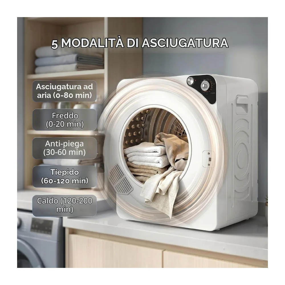 HOMCOM Mini Asciugatrice Portatile 3 kg 5 Programmi 1000W Timer Bianco [Classe di efficienza energetica G] — 3