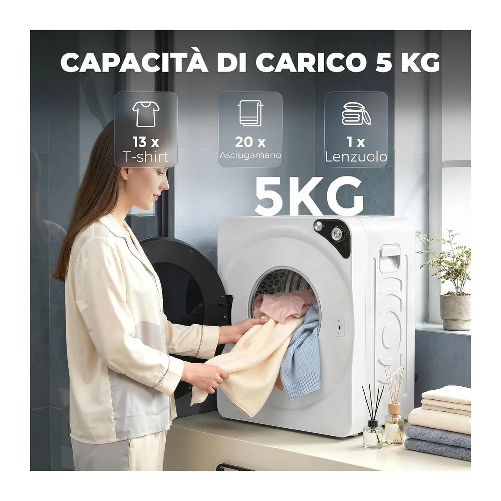 HOMCOM Mini Asciugatrice Portatile 3 kg 5 Programmi 1000W Timer Bianco [Classe di efficienza energetica G] — 4