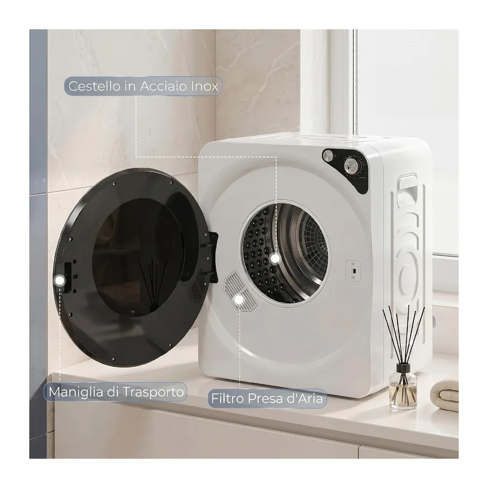 HOMCOM Mini Asciugatrice Portatile 3 kg 5 Programmi 1000W Timer Bianco [Classe di efficienza energetica G] — 6