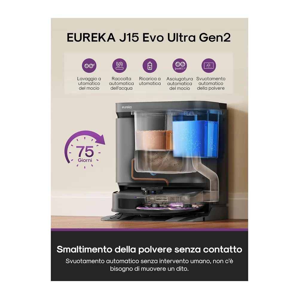 EUREKA J15 Evo Ultra Gen2, Robot Aspirapolvere e Lavapavimenti, Stazione di Pulizia Automatica, 22000Pa, — 5