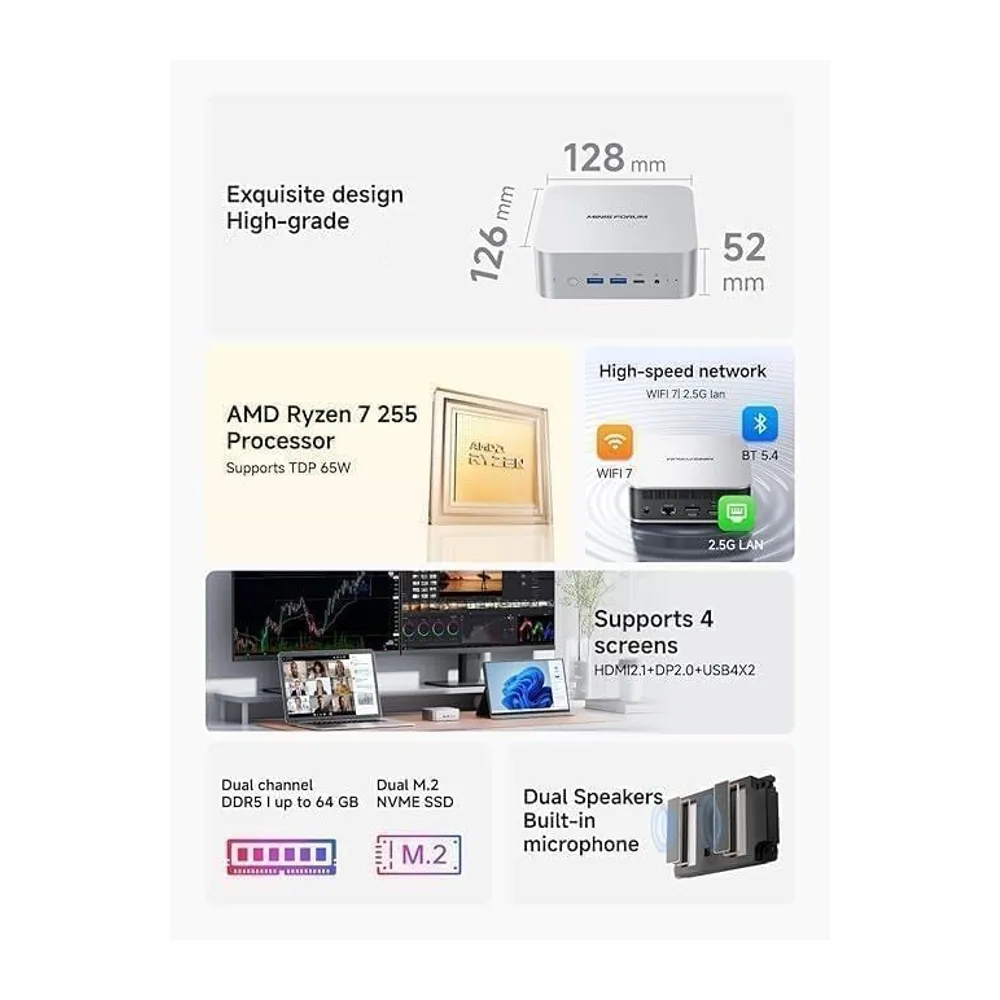 MINISFORUM AI X1-255 Mini PC, AMD Ryzen 7 255 8 core 16 thread processore fino a 4,9 GHz, AMD Radeon 780M, — 5
