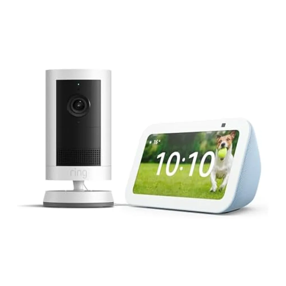 Echo Show 5 (Ultimo modello), Azzurro + Ring Videocamera esterna Plus a batteria, Bianco, guarda la tua