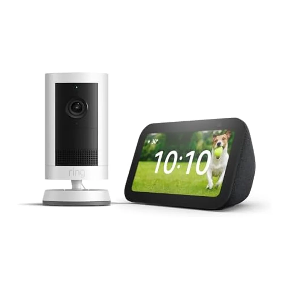 Echo Show 5 (Ultimo modello), Antracite + Ring Videocamera esterna Plus a batteria, Bianco, guarda la tua