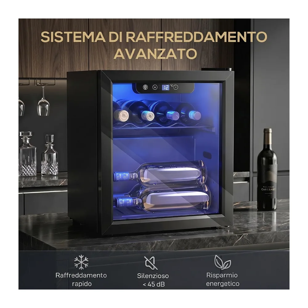 HOMCOM Cantinetta Vino Refrigerata 12 Bottiglie 36L Vetro Anti-UV Nera [Classe di efficienza energetica G] — 3