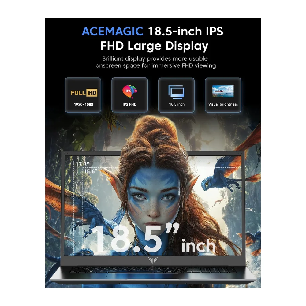 ACEMAGIC Portatile 18,5" FHD, processore Ryzen 4300U fino a 3,7 GHz, 16 GB di RAM, SSD M.2 da 512 GB, — 3