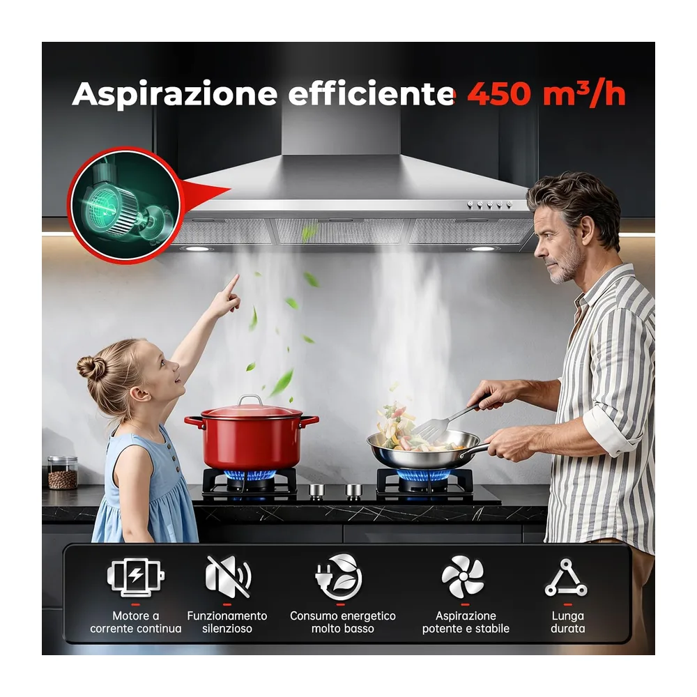 SNDOAS Cappa Cucina 90cm, 450 m³/h Cappa Aspirante con Scarico/Ricircolo, A+++ Cappa 90cm, Filtro a Carboni — 2